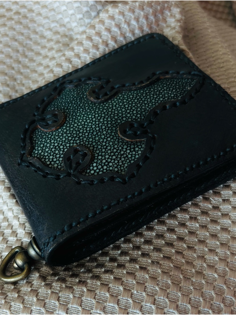 Handcrafted Black Leather Wallet with Stingray Inlay